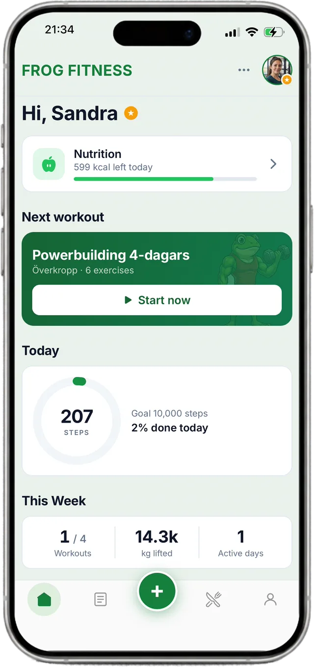 The Frog Fitness app home screen
