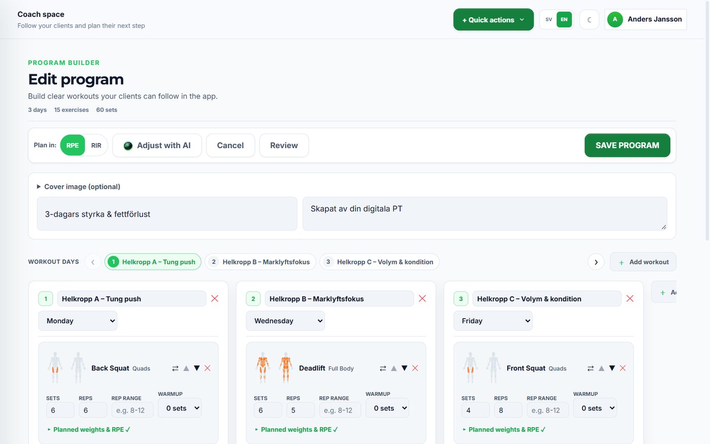 The program builder in the coach space