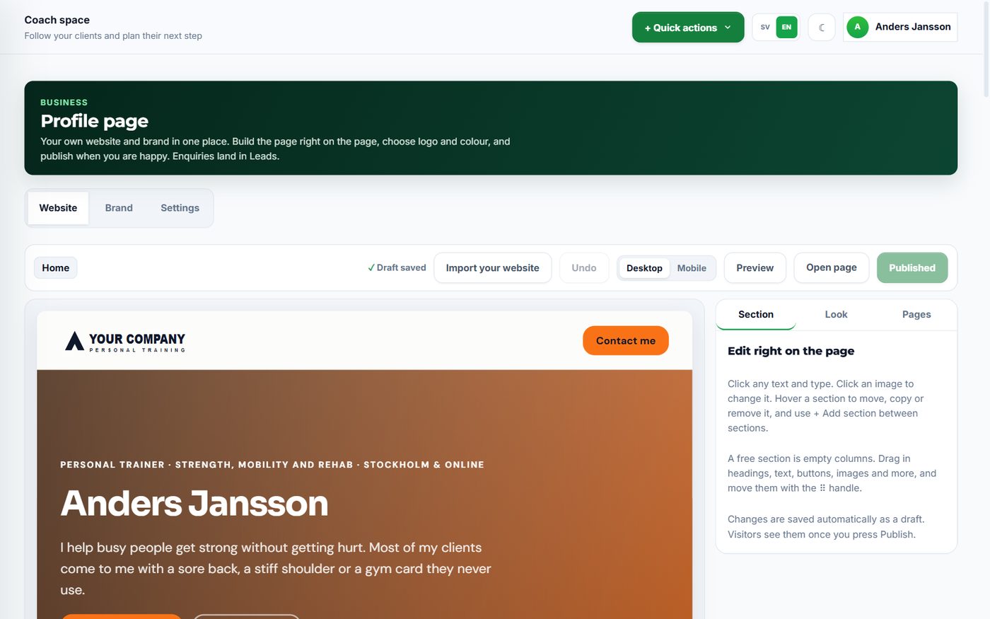 The website builder in the coach space